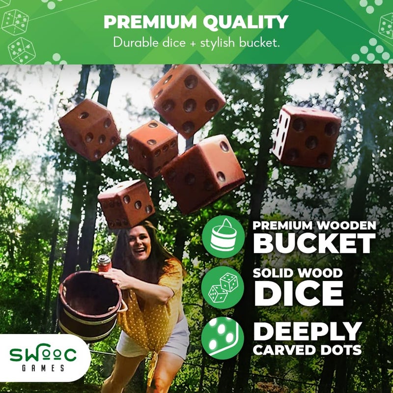 SWOOC Games - Yardzee, Farkle & 20+ Giant Dice Games (All Weather) Yard Dice with Wooden Bucket, 5 Scorecards & Marker - Jumbo Dice Yard Game - Extra Large Yard Games for Adults - Jumbo Lawn Games - Image 5